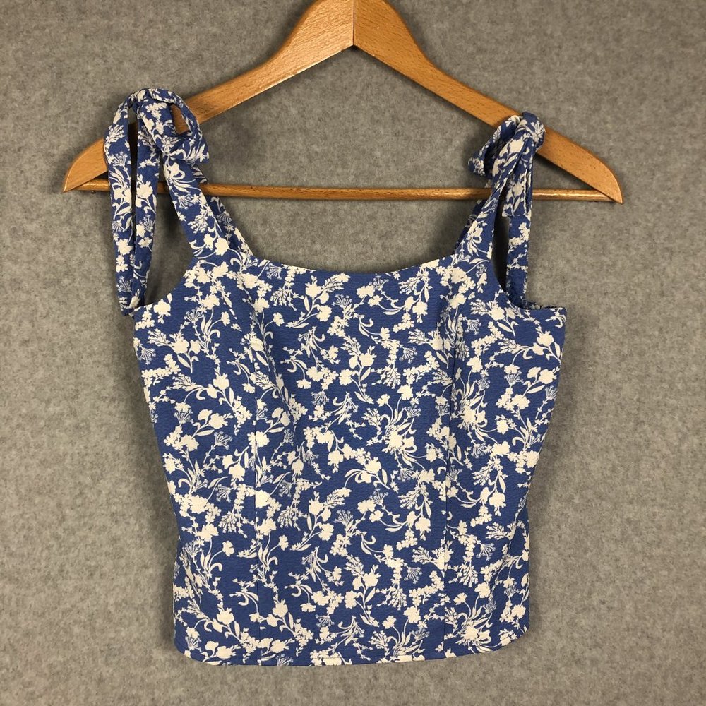 Old Navy Blue and White Floral Tie-Shoulder Tank Top